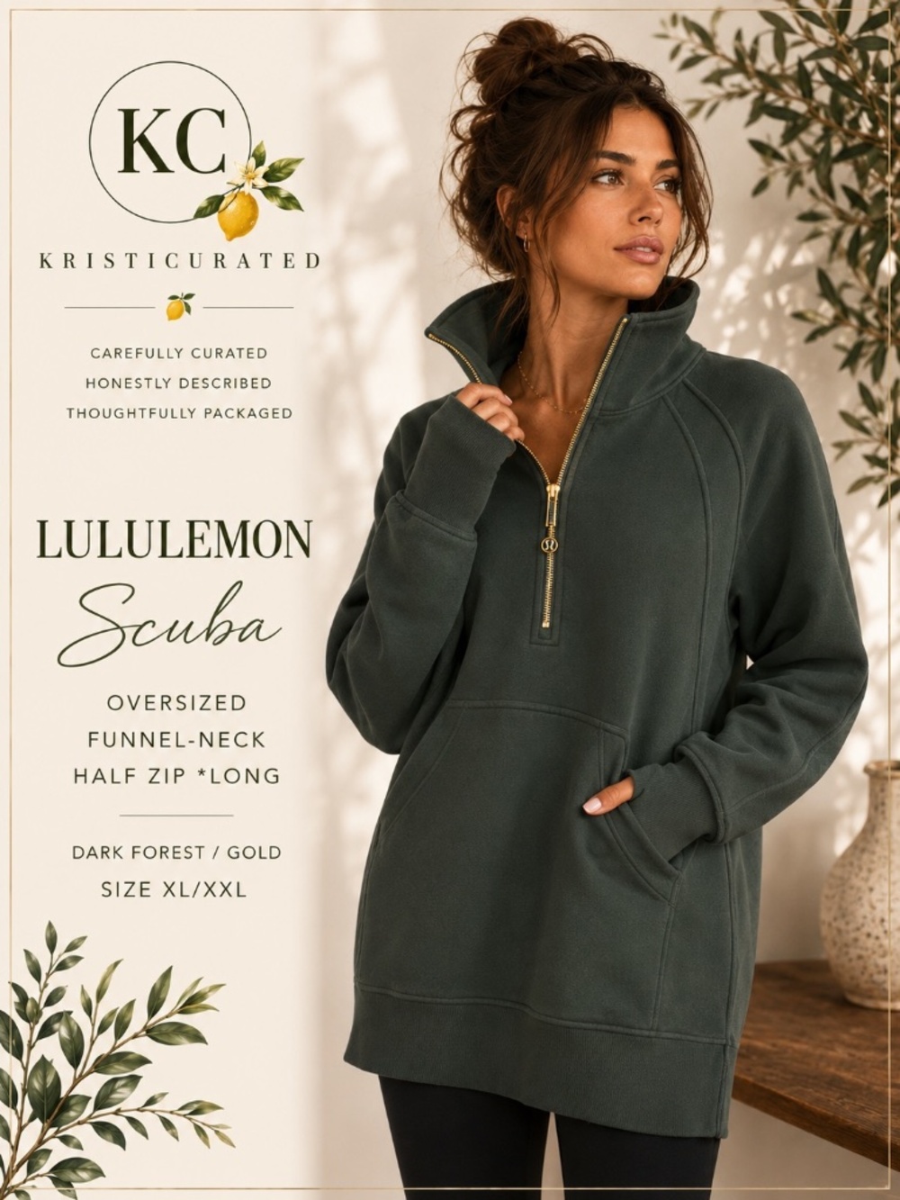 Lululemon Scuba Oversized Funnel-Neck Half Zip Long Dark Forest Gold XL/XXL